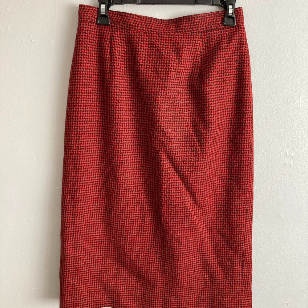 Demaro Vintage Paper Tag 100% Wool Houndstooth Red Pencil Skirt Size Small